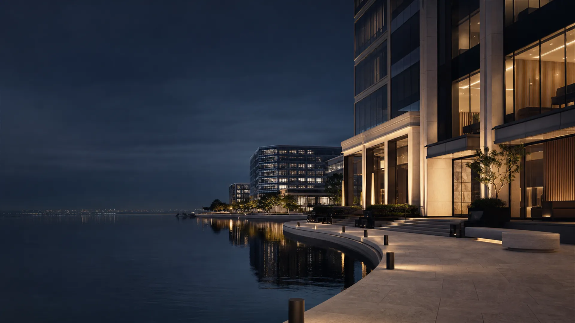 Taviora Bank waterfront headquarters at dusk, warm light spilling onto a stone promenade